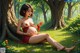 A pregnant woman in a red dress sitting in the grass.