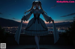 A woman in a white dress standing on top of a roof.